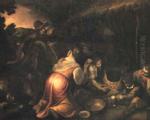 Peasant Family Preparing A Meal By An Open Barn by Jacopo Bassano (Jacopo da Ponte)