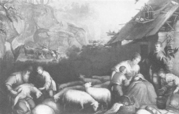 Mountainous Landscape With A Shepherd Shearing Sheep Beside His Family - view 1