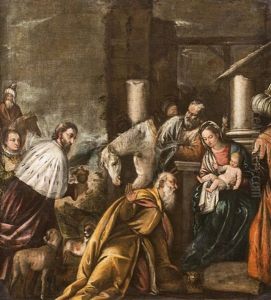 Werkstatt Die Anbetung Der Heiligen Drei Konige Ruckseitig Auf Leinwand Und Keilrahmen Reste Alter Siegel by Leandro Bassano