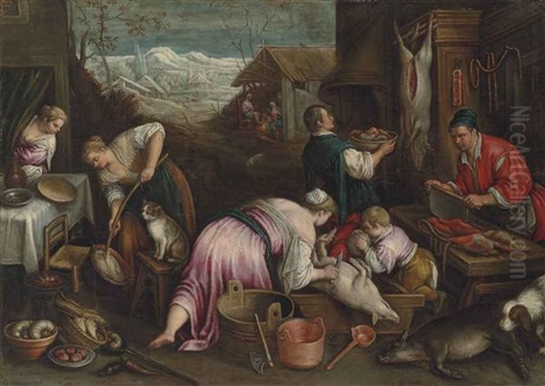 December: A Village In Winter With Figures Slaughtering A Pig, Others By A Fire In A Cottage, With Snow-covered Mountains In The Distance - view 1