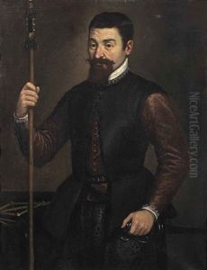 Portrait Of A Military Engineer, Three-quarter-length, In A Purple Silk Coat And Black Doublet, Holding A Staff And A Sword, Measuring Instruments...