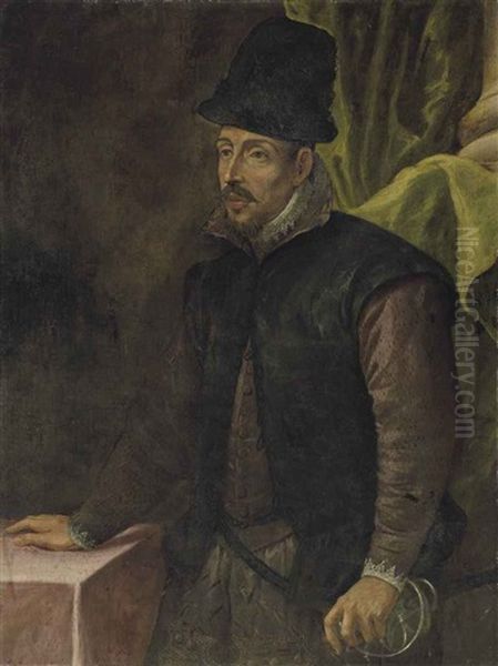 Portrait Of A Man, Three-quarter-length, In A Mauve Doublet, Lace Cuffs And Collar, And A Black Hat, His Left Hand Resting On The Hilt Of His Saber - view 1