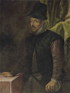 Portrait Of A Man, Three-quarter-length, In A Mauve Doublet, Lace Cuffs And Collar, And A Black Hat, His Left Hand Resting On The Hilt Of His Saber