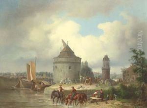A Great Stone Mill On A River, With Mounted Tradesmen, Peasantworkers, Merchant Sailing Craft, Outbuildings, A Thriving Townbeyond