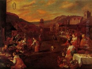 An Open Market Scene With Numerous Figures At Stalls In The Foreground And A Town Beyond by Leandro Bassano