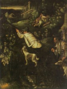 A Huntsman With His Servant In Attendance, With A Hunting Party And Buildings Beyond And A Quail By Her Nest In The Foreground