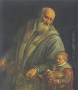 Portrait Of A Bearded Man (titian?) Seated In A Chair Beside A Little Girl Holding A Dog by Leandro Bassano
