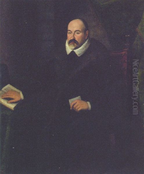 Portrait Of Agentleman Wearing A Fur-trimmed Coat, With His Hat And A Book On A Table, In A Draped Interior - view 1