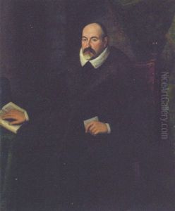 Portrait Of Agentleman Wearing A Fur-trimmed Coat, With His Hat And A Book On A Table, In A Draped Interior by Leandro Bassano