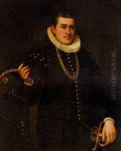 Portrait Of A Young Gentleman In An Embroidered Black Doublet With Gold Buttons, Doffing His Hat In Salute by Leandro Bassano