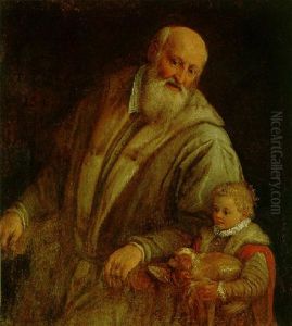 Portrait Of A Bearded Man, Seated In A Chair Beside A Little Girl Holding A Dog by Leandro Bassano