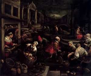 A Vegetable Market With A Church Beyond by Leandro Bassano