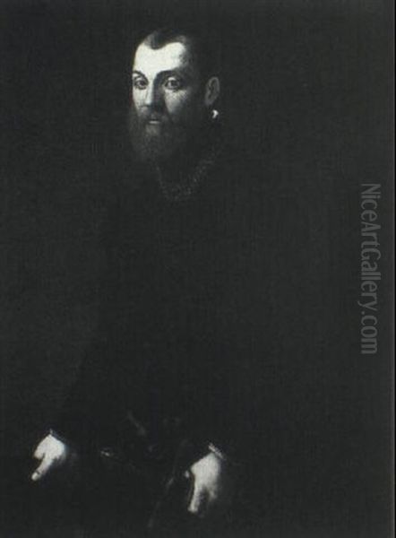 Portrait Of A Gentleman, Standing Three-quarter Length, Wearing A Black Costume And A Gold Chain - view 1