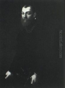Portrait Of A Gentleman, Standing Three-quarter Length,     Wearing A Black Costume And A Gold Chain