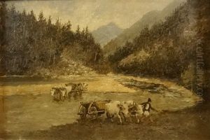 Carts With Oxen Crossing The River