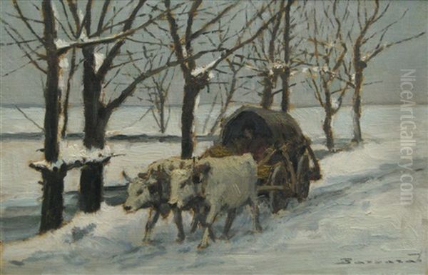 Vcart With Oxen In Winter Landscape - view 1