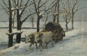 Vcart With Oxen In Winter Landscape by Ludovic Bassarab