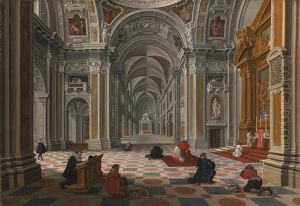 Figures At Mass In An Ornate Church Interior by Bartholomeus Van Bassen