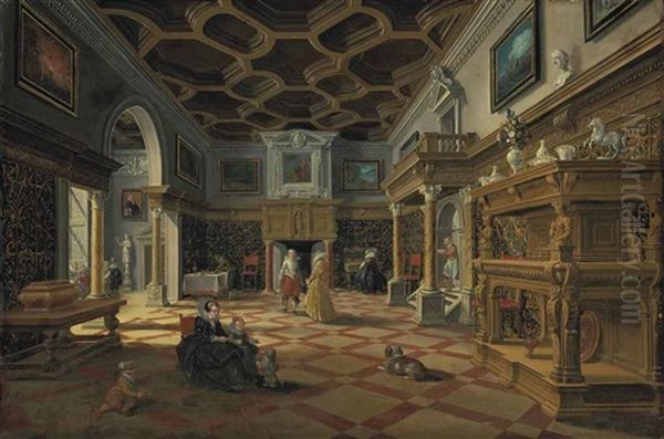 An Interior With Elegant Figures Conversing, A Child Playing With A Dog And A Woman Playing A Harpsichord - view 1