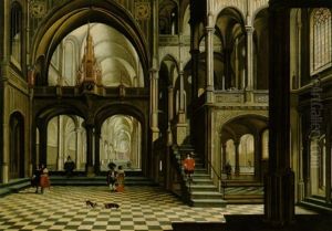 Das Innere Einer Gotischen Kirche Mit Figuren by Bartholomeus Van Bassen
