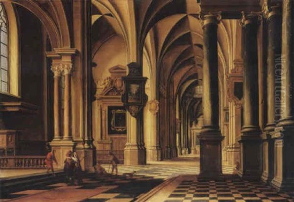 A Chruch Interior With Elegant Company Conversing In The Aisle - view 1