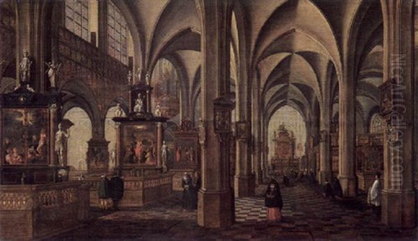 Blick In Ein Gothisches Kircheninterieur Mit Glaubigen, Geistlichen Und Vorn Einer Witwe Bei Einer Grabplatte Am Fusboden - view 1