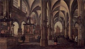Blick In Ein Gothisches Kircheninterieur Mit Glaubigen, Geistlichen Und Vorn Einer Witwe Bei Einer Grabplatte Am Fusboden by Bartholomeus Van Bassen