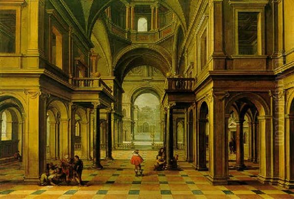 A Renaissance Church Interior With Figures Studying Architectural Plans And Measuring A Column - view 1