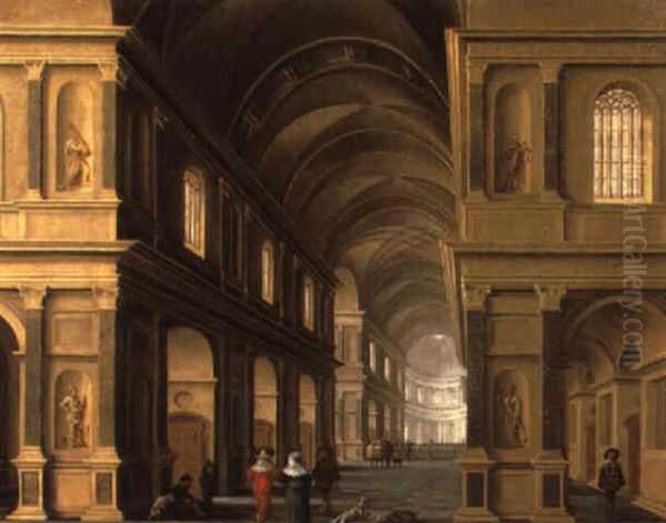 Das Innere Eines Renaissancepalastes Mit Eleganten Figuren Und Bettlern - view 1