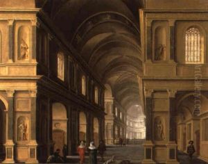 Das Innere Eines Renaissancepalastes Mit Eleganten Figuren Und Bettlern