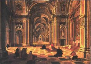 A Church Interior With Figures At Mass