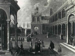 Elegant Figures Strolling On A Loggia, A Park To The Left Elegant Figures Strolling On A Loggia, A Park To The Left