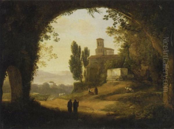 A View Of An Italian Villa Through A Grotto With Figures In The Foreground - view 1