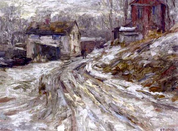 A Winter View Of A Village With A Figure On A Road - view 1