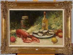 Nature Morte Aux Huitres Et Au Homard by Alfred Bastien
