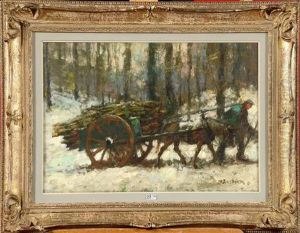 Ramasseur De Bois Dans La Foret Sous La Neige by Alfred Bastien