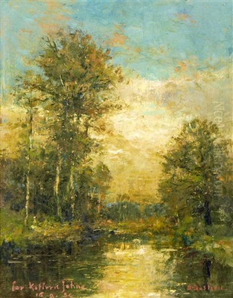 Wooded River Landscape (+ Wooded Lake Scene At Sunset; 2 Works) - view 1