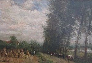 Landschap Met Koeien En Korenschoven by Alfred Bastien