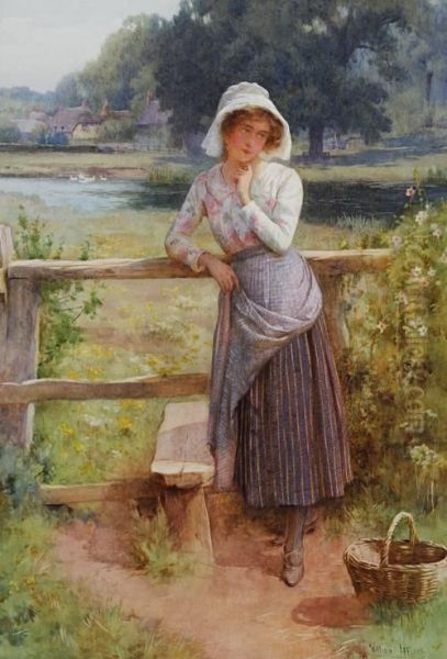Girl By A Stile, Before A Pond And Thatched Cottages - view 1