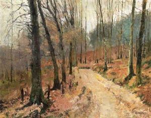 Wooded Winter Landscape With A Deserted Road Running Through by Alfred Bastien