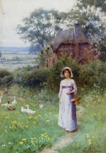 Girl And Geese In A Garden Before A Thatched Cottage by William Affleck