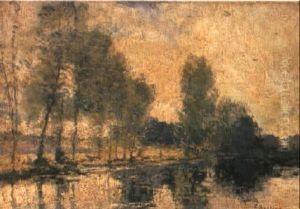 A Wooded River Landscape by Alfred Bastien