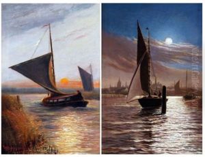 Boats On Breydon Water By Moonlight With Haven Bridge And Town In Distance Wherries In A Stiff Breeze On The Broads At Sunset (pair) by Stephen John Batchelder