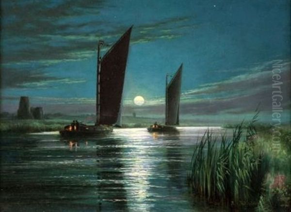 Wherries Passing St. Benet's Abbey In Moonlight - view 1