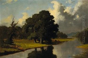 A River Landscape With Cattle Resting Under A Tree by Frederick S. Batcheller