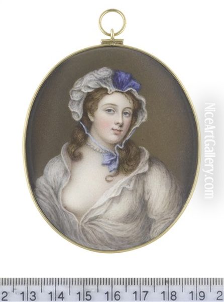 A Lady, Wearing Open White Linen Chemise, A Strand Of Pearls About Her Neck, Her Brown Hair Worn Loose Beneath A White Lace Mob Cap Dressed With Blue Ribbon And Fastened Beneath Her Chin - view 1