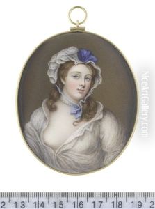 A Lady, Wearing Open White Linen Chemise, A Strand Of Pearls About Her Neck, Her Brown Hair Worn Loose Beneath A White Lace Mob Cap Dressed With Blue Ribbon And Fastened Beneath Her Chin A Lady, Wearing Open White Linen Chemise, A Strand Of Pearls About Her Neck, Her Brown Hair Worn Loose Beneath A White Lace Mob Cap Dressed With Blue Ribbon And Fastened Beneath Her Chin