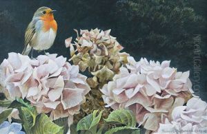 European Robin And Hydrangeas by Robert Bateman