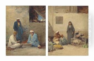 A Corner Of A Market Place, Cairo; And Arabs In A Courtyard by David Bates