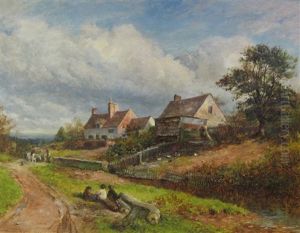 Pony At A Cottage Gate, With Children Resting By A Track In The Foreground
